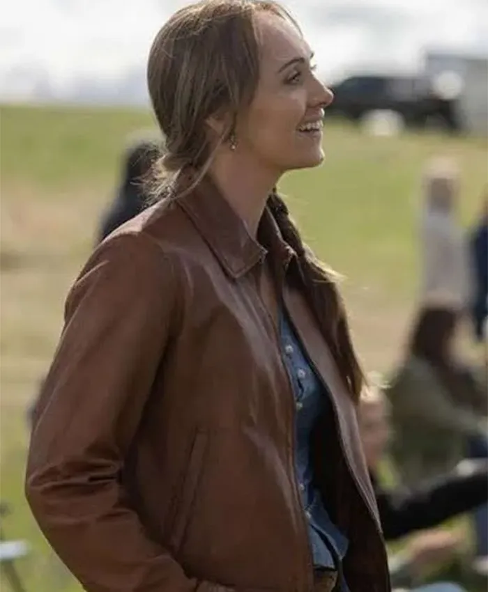Amber Marshall TV Series Heartland 2026 Amy Fleming Brown Leather Jacket Side View