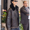 Amelia Gray Hamlin Milan Fashion Week 2026 Brown Leather Shearling Collar Jacket