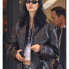 Amelia Gray Hamlin Milan Fashion Week 2026 Brown Leather Shearling Collar Jacket Front