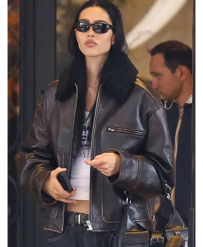 Amelia Gray Hamlin Milan Fashion Week 2026 Brown Leather Shearling Collar Jacket Front