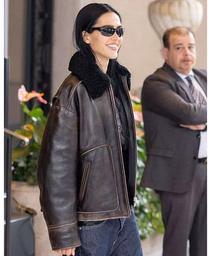Amelia Gray Hamlin Milan Fashion Week 2026 Brown Leather Shearling Collar Jacket