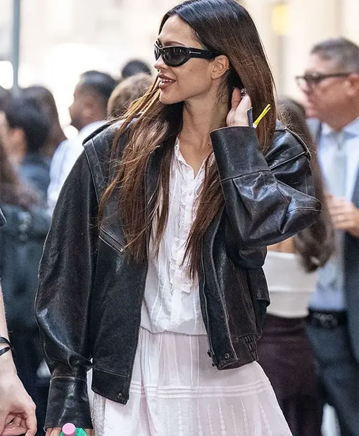Amelia Gray Hamlin Milan Fashion Week 2026 Oversized Black Leather Jacket