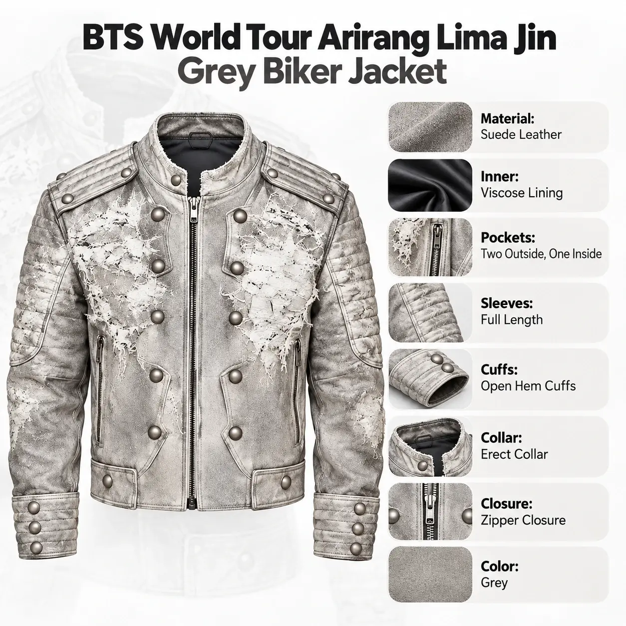 BTS Arirang World Tour Lima 2026 Grey Military Biker Jacket Info