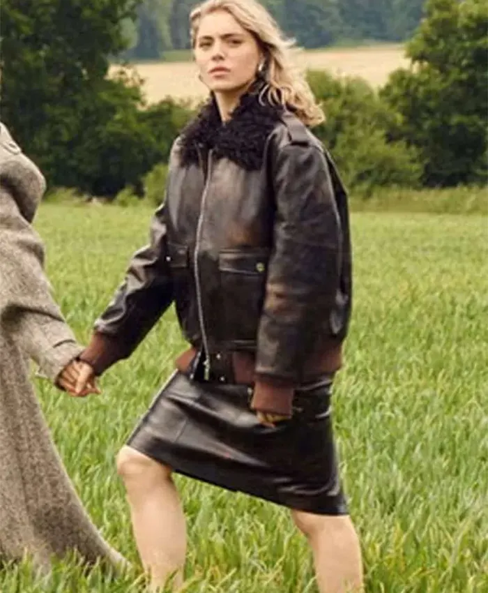 Bella Maclean TV Series Rivals 2026 Taggie O’Hara Brown Leather Fur Bomber Jacket Front