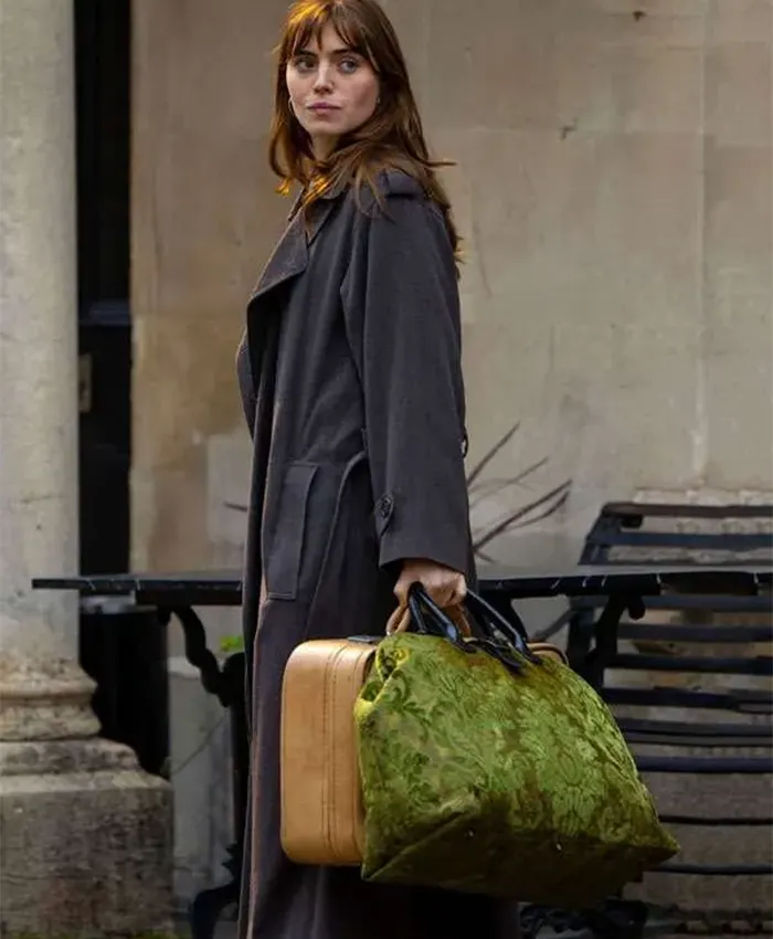 Bella Maclean TV Series Rivals 2026 Taggie O’Hara Grey Wool Trench Coat Side