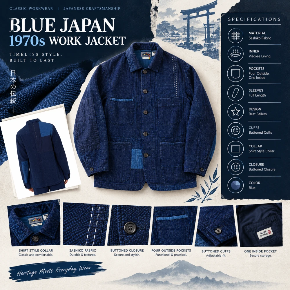 Blue Japan 1970s Work Jacket Infographic