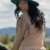 Brynn Godenir TV Series Heartland 2026 Winn Becker Studded Beige Fringe Suede Jacket Back View