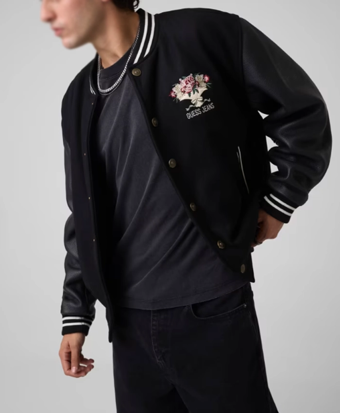 Buy GUESS Jeans X 45th Anniversary Black Bomber Jacket at Discounted Price Front View