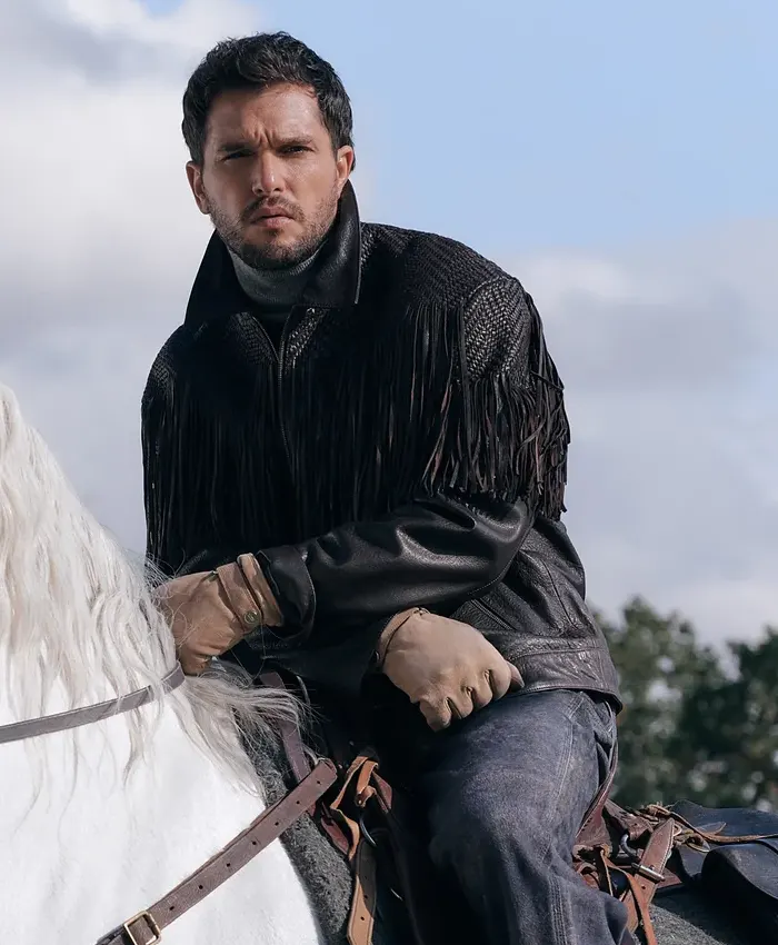 Buy Kit Harington for Kith Winter 2026 Campaign Black Leather Cowboy-Style Fringe Jacket