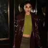 Buy Mika Abdalla Burgundy Crocodile Pattern Leather Coat On Sale Front View