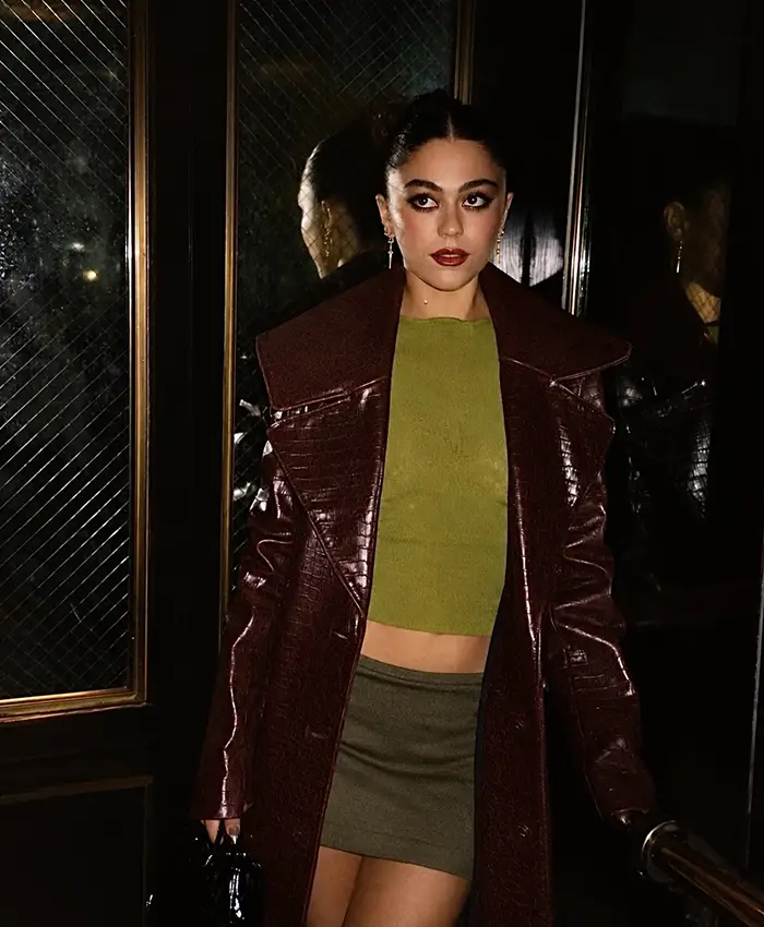Buy Mika Abdalla Burgundy Crocodile Pattern Leather Coat On Sale Front View