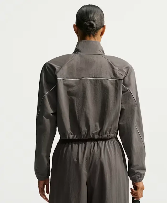 Buy Now Women's Nike x SKIMS Crunchy Nylon Cropped Full Zip Up Jacket Grey Back