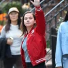Cailee Spaeny Movie Deep Cuts 2026 Red Satin Bomber Jacket Front