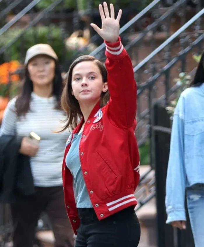 Cailee Spaeny Movie Deep Cuts 2026 Red Satin Bomber Jacket Front