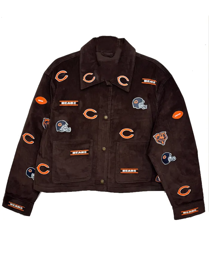 Chicago Bears Patches Logos All Over Brown Corduroy Jacket Front View