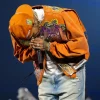 Chris Brown 35th Night R&B Tour Orange Graphic Bomber Jacket On Sale Front View