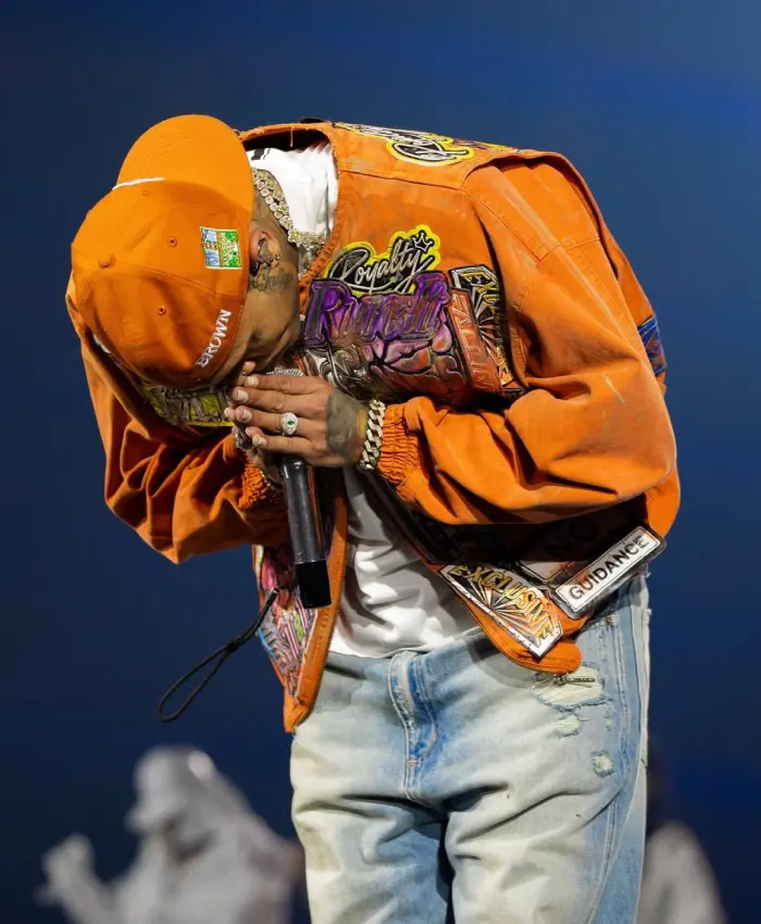 Chris Brown 35th Night R&B Tour Orange Graphic Bomber Jacket On Sale Front View