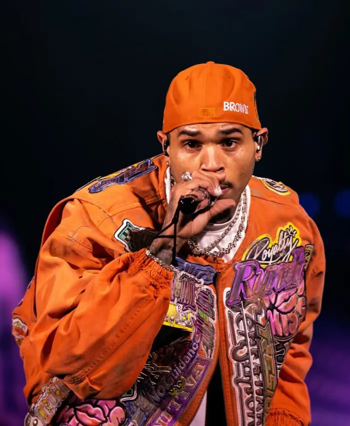 Chris Brown 35th Night R&B Tour Orange Graphic Bomber Jacket On Sale