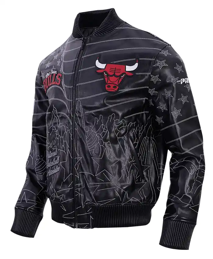 Close-up-of-Mens-Pro-NBA-Chicago-Bulls-Premium-Heavy-Black-Bomber-Leather-Jacket