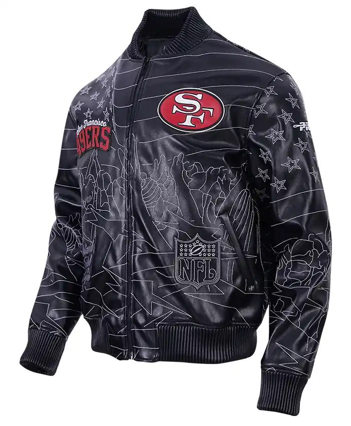 Close-up-of-Mens-Pro-NFL-San-Francisco-49ers-Premium-Heavy-Bomber-Black-Leather-Jacket