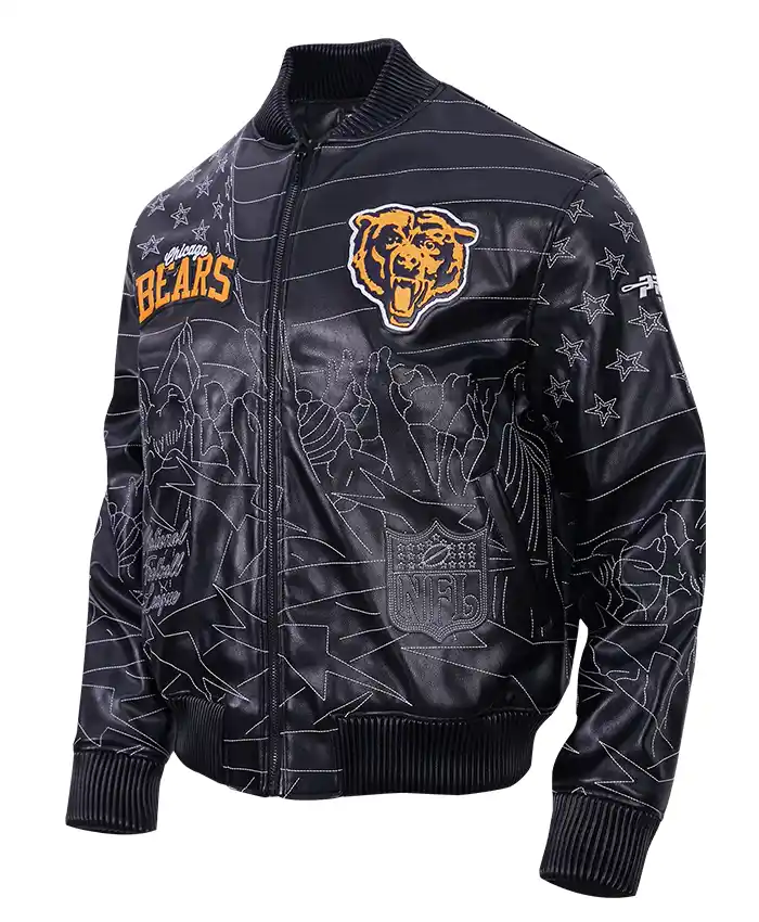 Close-up-of-Mens-Pro-Premium-NFL-Chicago-Bears-Heavy-Leather-Black-Bomber-Jacket