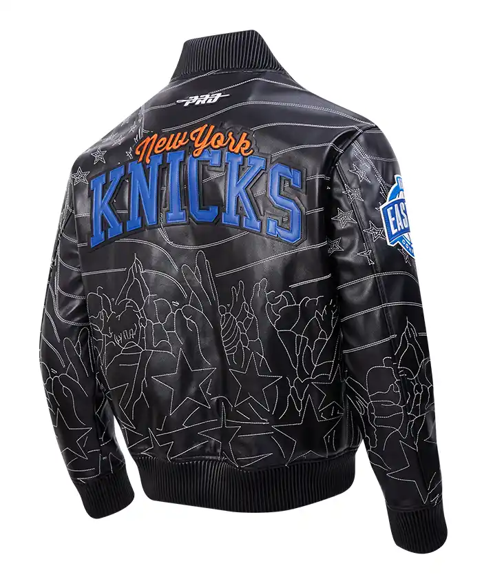 Close-up-of-NBA-New-York-Knicks-Mens-Pro-Premium-Heavy-Black-Leather-Bomber-Jacket