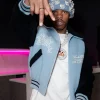Close-view-of-Lil-Baby-2026-WNBA-Season-30-Finals-Louis-Vuitton-Blue-And-Black-Wool-Varsity-Jacket