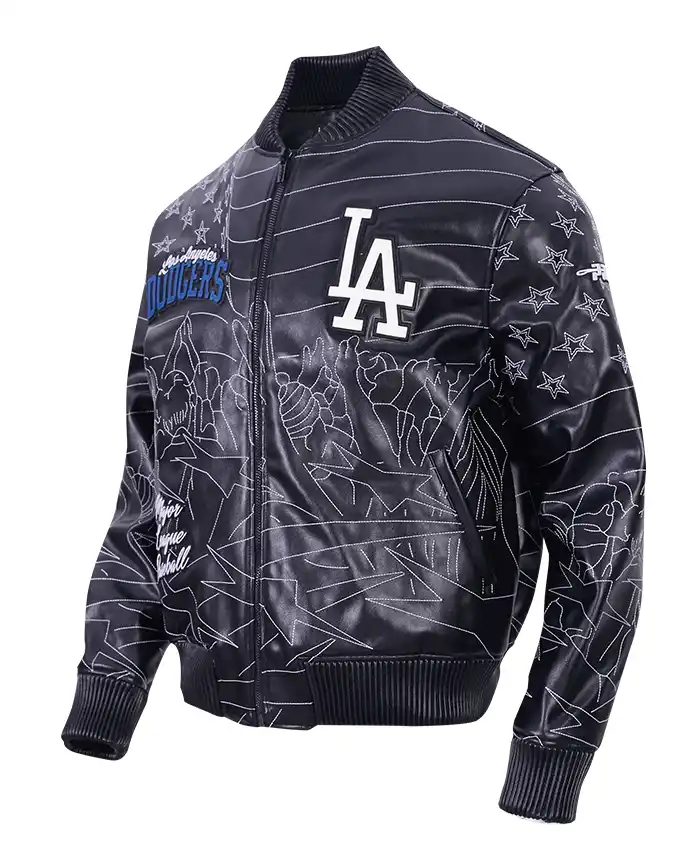 Close-view-of-Mens-Pro-MLB-Los-Angeles-Dodgers-Premium-Heavy-Black-Bomber-Jacket