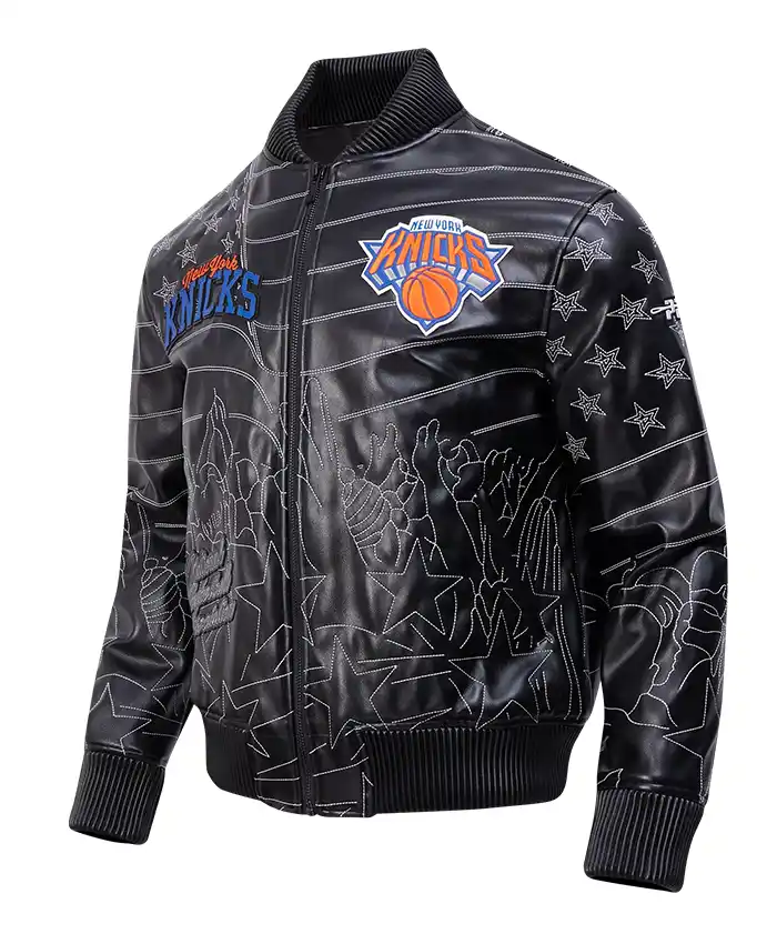 Close-view-of-Mens-Pro-NBA-New-York-Knicks-Premium-Heavy-Black-Bomber-Leather-Jacket