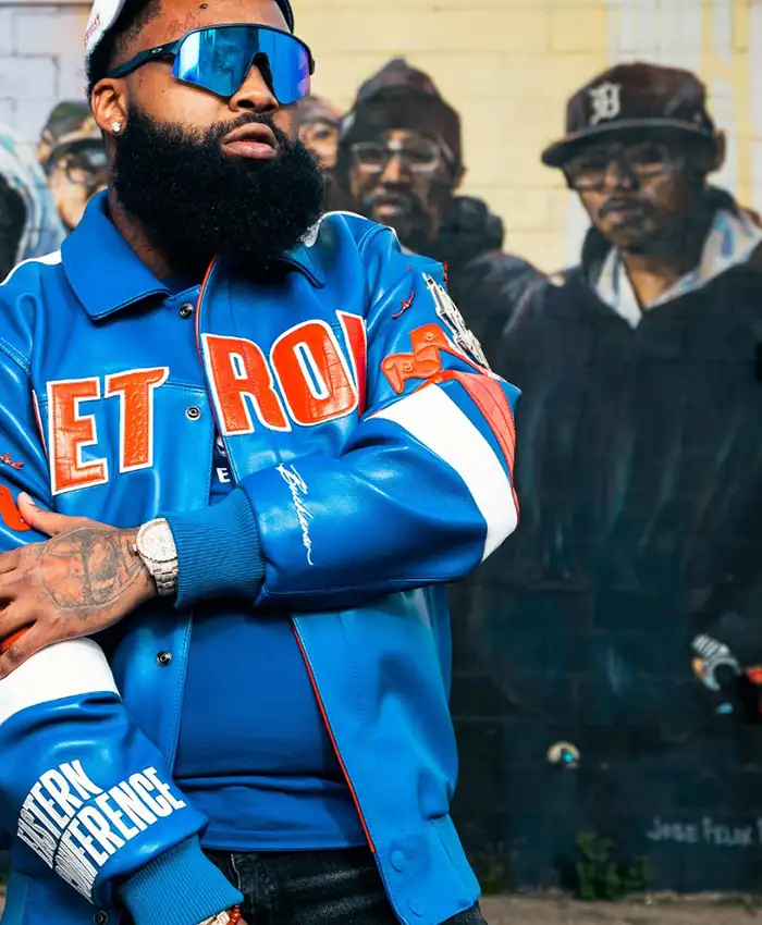 Big Sean Pelle Pelle x Detroit Pistons Blue Leather Jacket