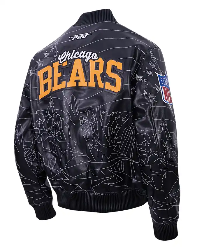 Close-view-of-NFL-Chicago-Bears-Mens-Pro-Premium-Heavy-Black-Leather-Bomber-Jacket