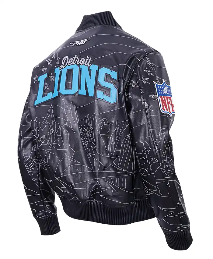 Close-view-of-NFL-Detroit-Lions-Mens-Pro-Premium-Heavy-Black-Leather-Bomber-Jacket
