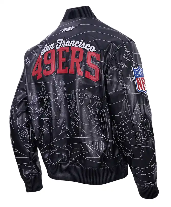 Close-view-of-NFL-San-Francisco-49ers-Mens-Pro-Premium-Heavy-Black-Leather-Bomber-Jacket