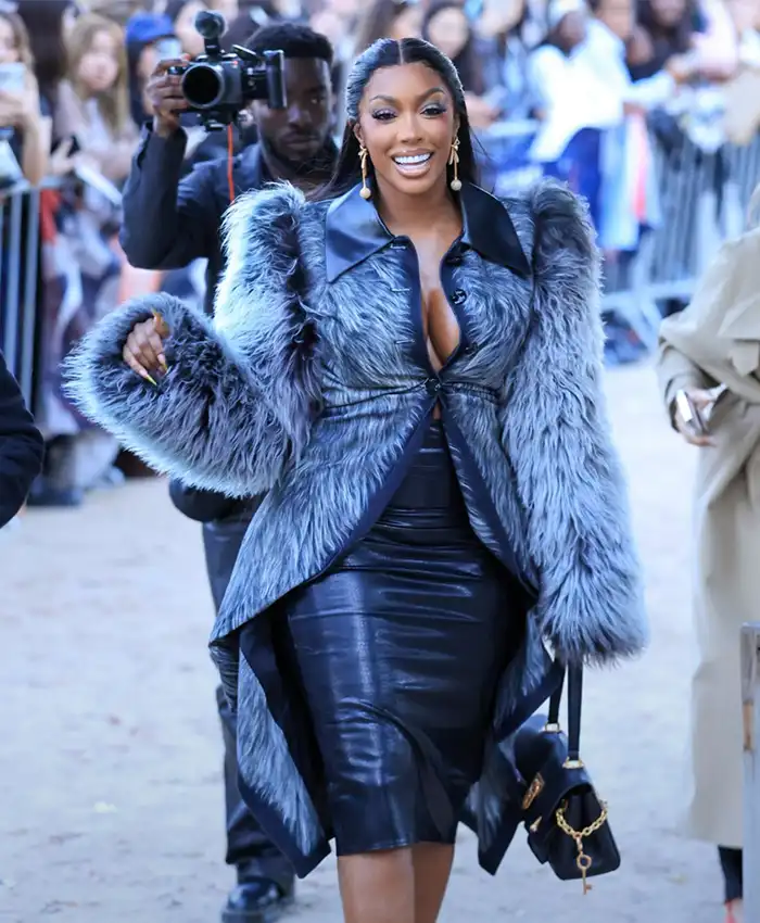 Close-view-of-Porsha-Williams-Schiaparelli-Paris-Show-Spring-Summer-2027-Faux-Fur-Grey-Jacket