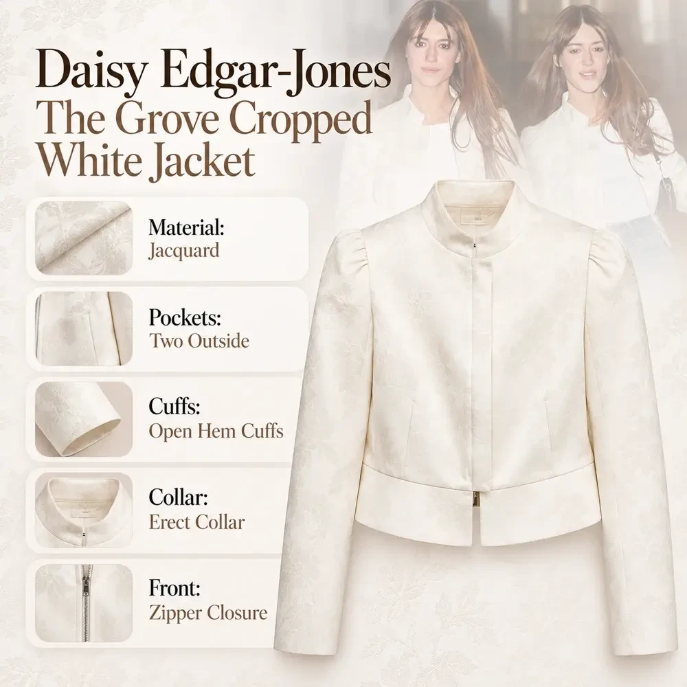 Daisy Edgar-Jones The Grove Cropped White Jacket Infographic