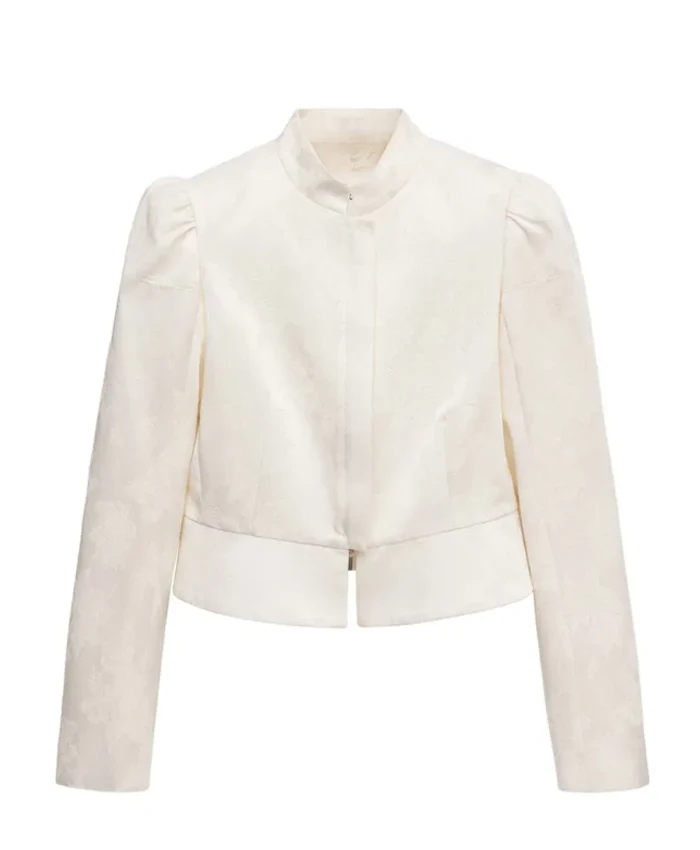 Daisy Edgar-Jones The Grove Streetwear Cropped White Jacqurad Jacket Front View