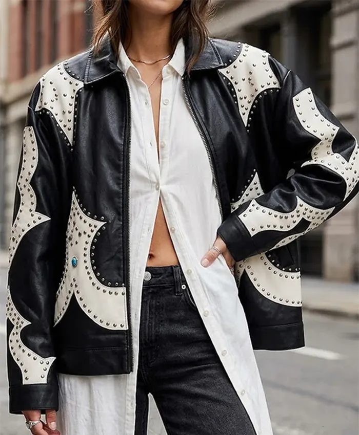 Delilah TV Series The Equalizer S05 Laya DeLeon Hayes Black and White Leather Studded Jacket