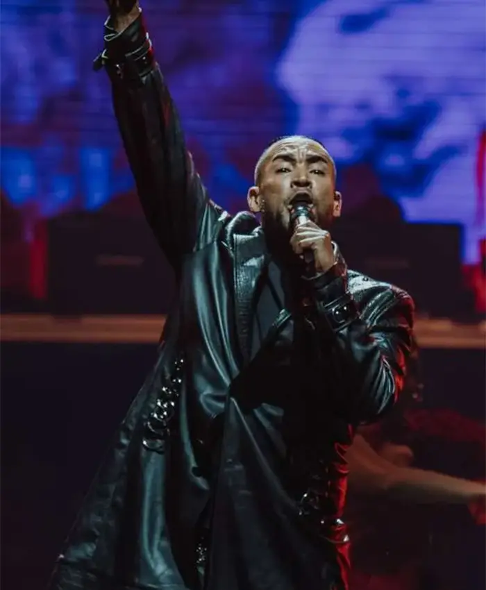 Don Omar The Last King World Tour Miami 2026 Black Crocodile Pattern Leather Coat Front