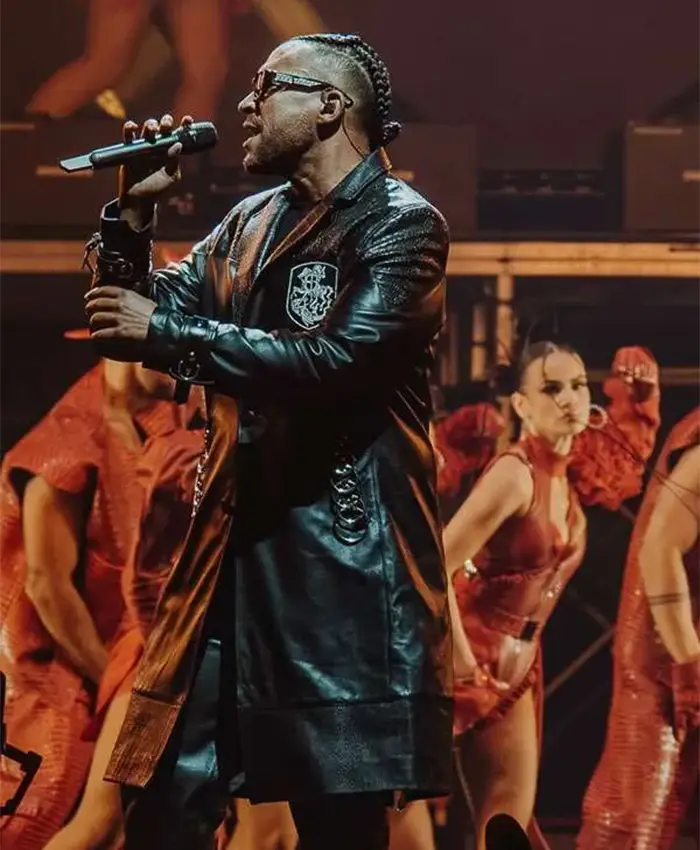 Don Omar The Last King World Tour Miami 2026 Black Crocodile Pattern Leather Coat Side View