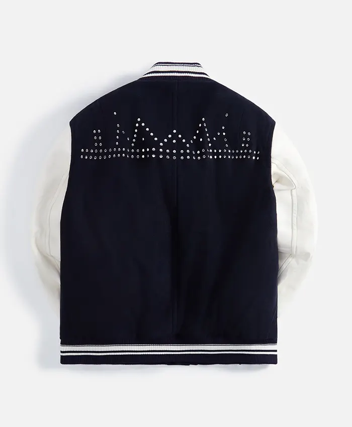 Don Toliver Wales Bonner Ascend Blue and White Varsity Jacket On Sale Back View