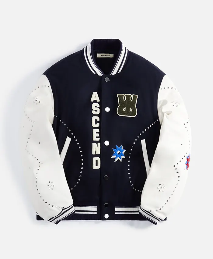 Don Toliver Wales Bonner Ascend Blue and White Varsity Jacket On Sale