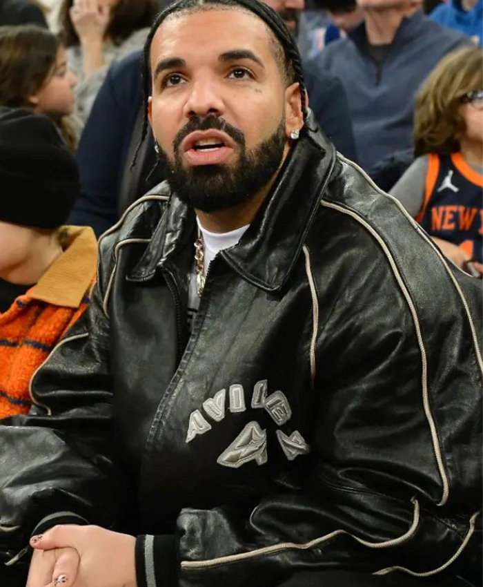 Drake Knicks Game Black Leather Jacket By Avirex