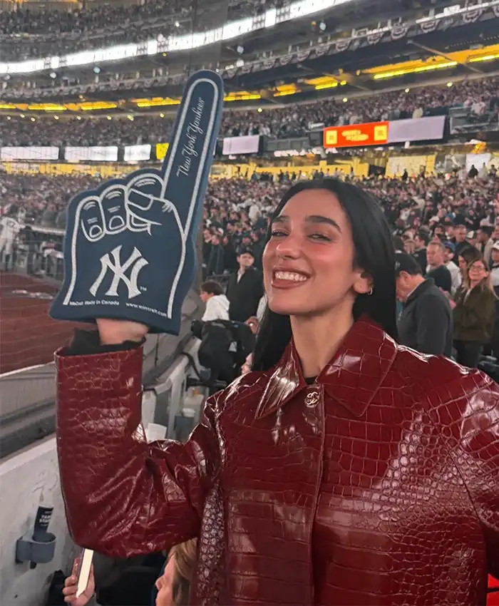 Dua Lipa Yankees Game Burgundy Crocodile Coat