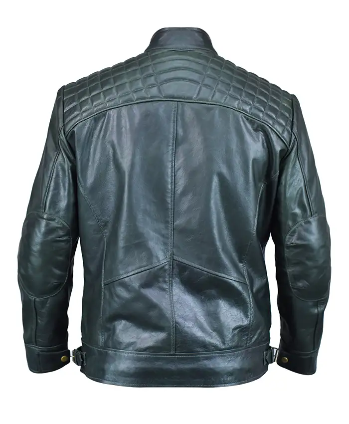 Ethan Distressed Waxed Green Leather Cafe Racer Jacket On Sale Back