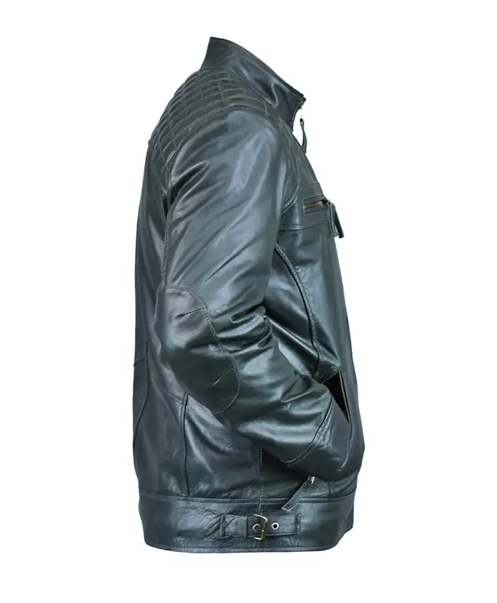 Ethan Distressed Waxed Green Leather Cafe Racer Jacket On Sale Side View