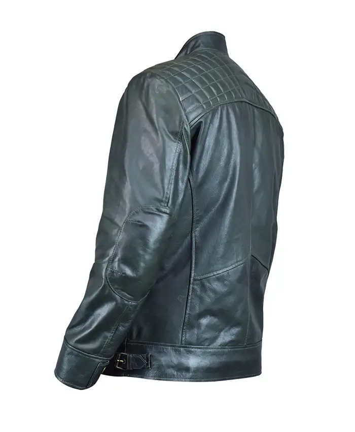 Ethan Distressed Waxed Green Leather Cafe Racer Jacket On Sale