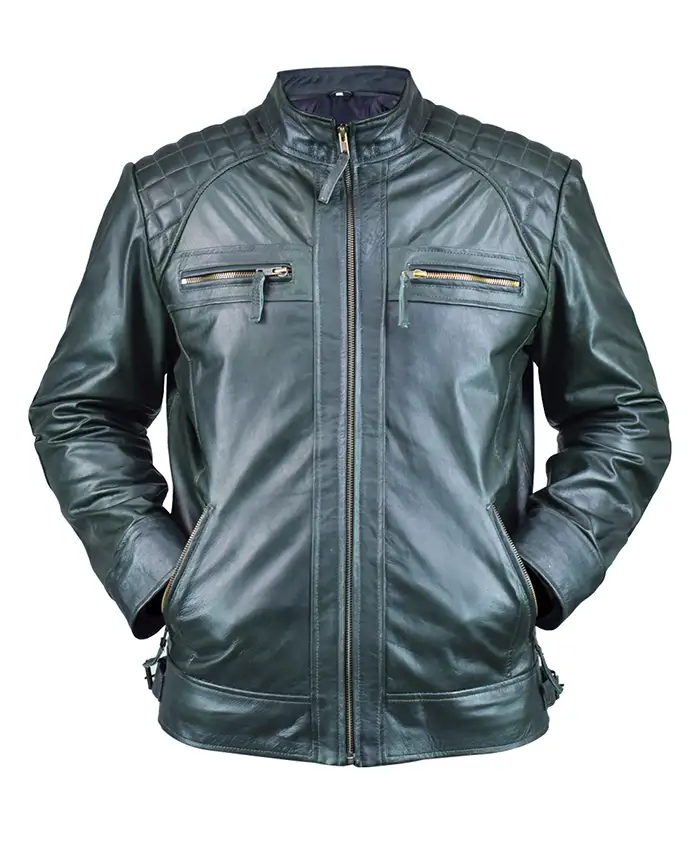 Ethan Distressed Waxed Green Leather Cafe Racer Jacket Shop now