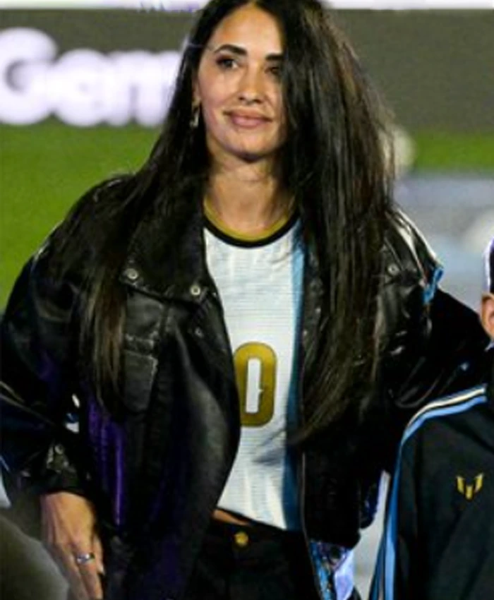 Farewell Match Argentina National Team 2026 Antonela Roccuzzo Black Leather Biker Jacket