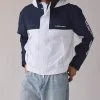 GUESS JEANS Colorblock White and Navy Hooded Windbreaker Jacket Front