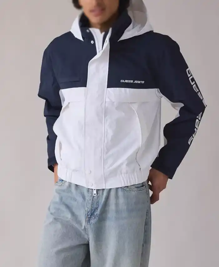 GUESS JEANS Colorblock White and Navy Hooded Windbreaker Jacket Front